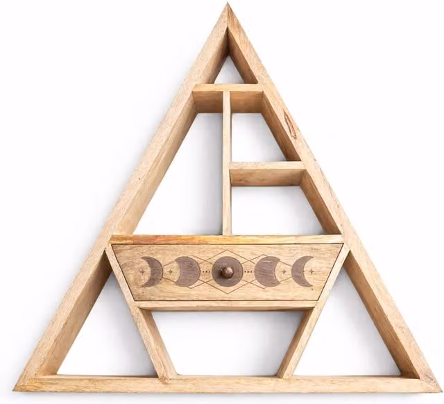 Serenityy Triangular Mango Wood Wall Shelf with Moon-Phase Drawer in Brown