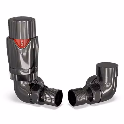 UK Radiators Stirling Bold Thermostatic Radiator Valve and Lockshield Corner Set in Polished Black Nickel and Brass – 1