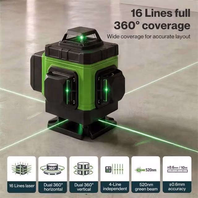 Havendro 16 Line 4D Self Leveling Rotary Laser Level with Green Lines in Black – 1
