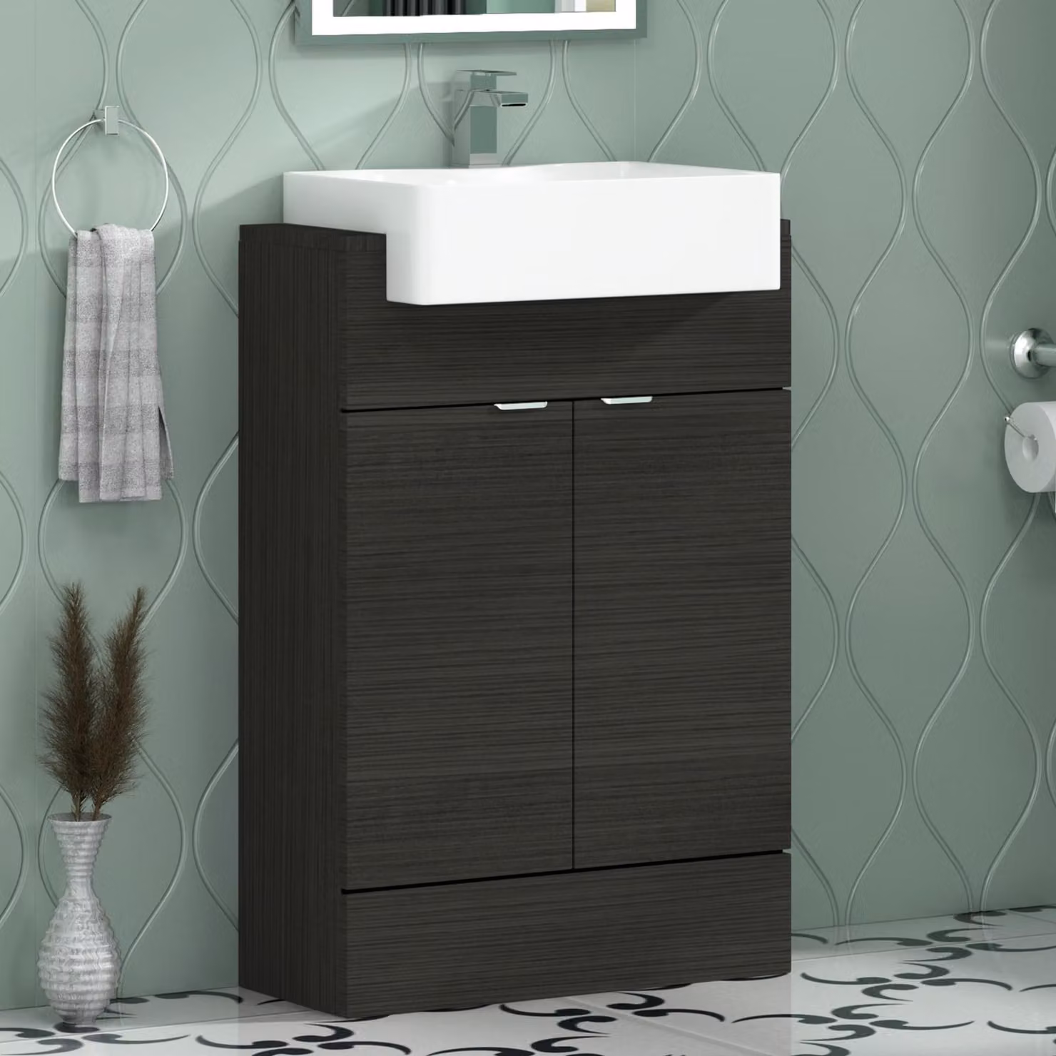 Royal Bathrooms Elena 600mm Floor Standing 2 Door Vanity Sink Unit with Semi Recessed Basin in White or Black