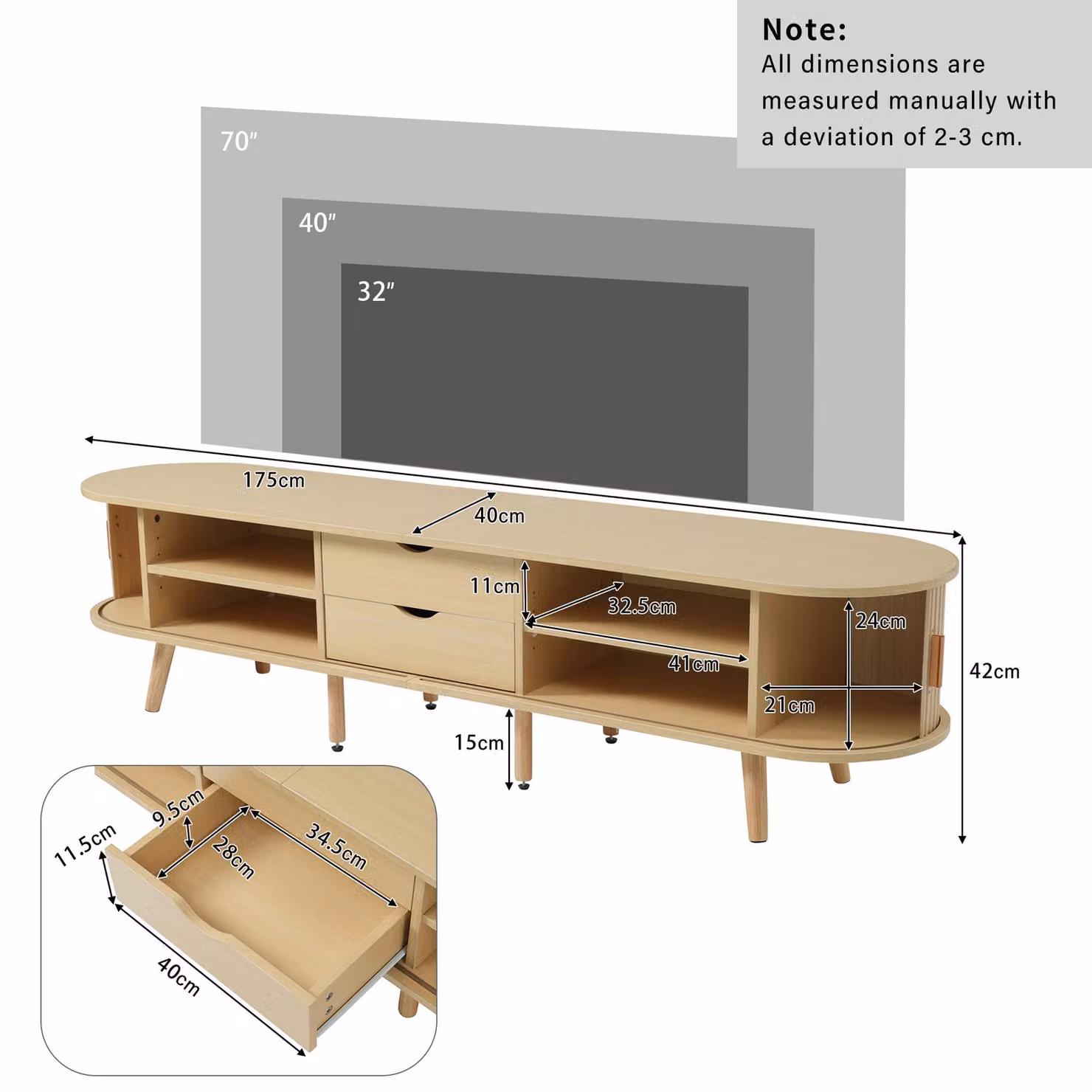 Aosom UK Minimalist Oak TV Stand with Oval Top and Rounded Corners, W: 175 cm, D: 40 cm, H: 42 cm – 3