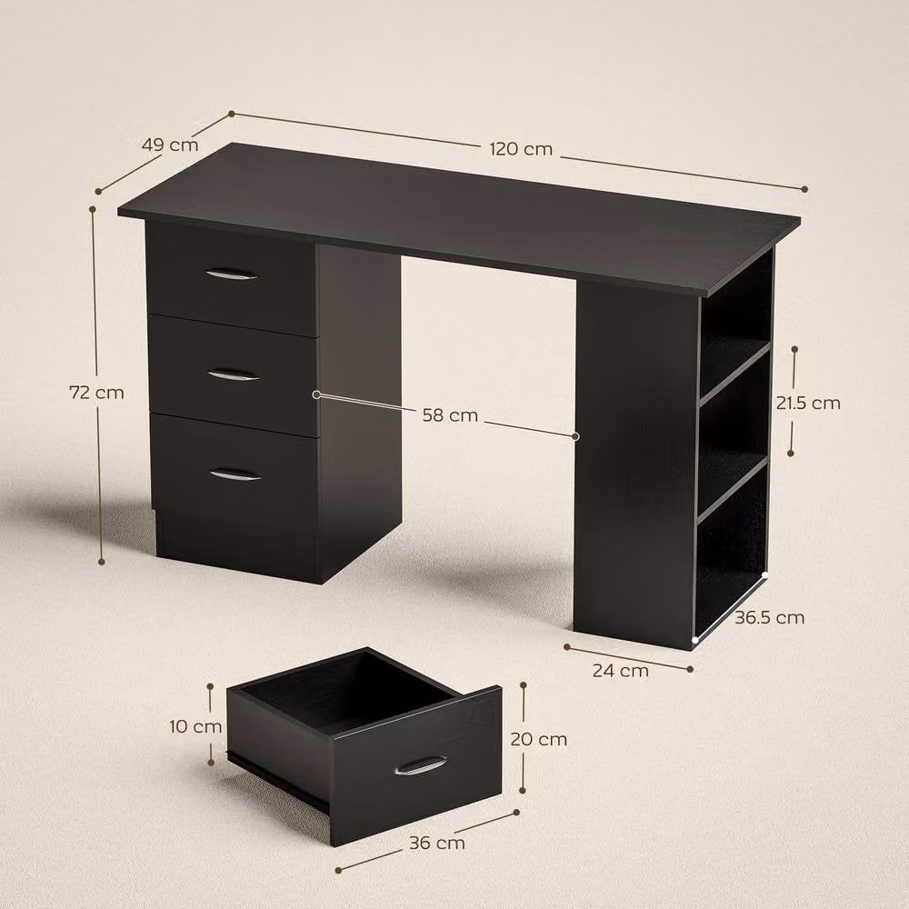 STILVORA Black Modern Writing Desk with Drawers and Open Shelves – 4