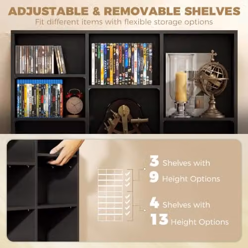 HOMCOM Modern Black Media Storage Unit with Adjustable Shelves and Media Compartments, H 175 x W 100 x D 33.6 cm – 4