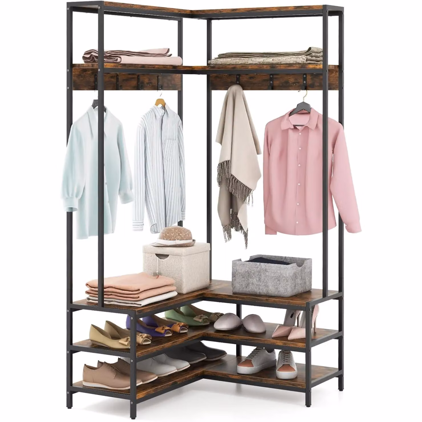 Rafaelo Mobilia Industrial L-Shaped Hall Tree Coat Rack Stand with Shoe Storage Shelves in Brown – 2