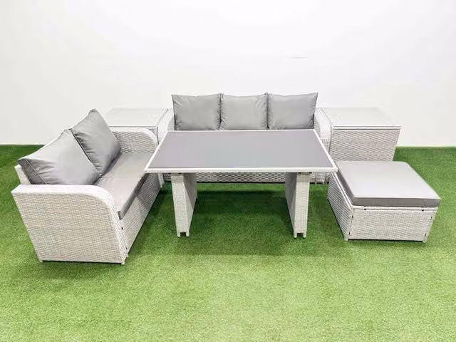 Fimous Garden Furniture Set with Rectangular Dining Table and 2 Side Tables in Light Grey
