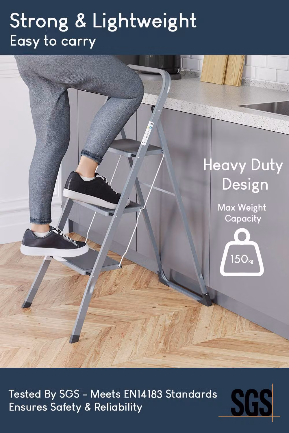 HD Designs 3 Step Folding Ladder with Anti-Slip Mat in Grey – 5