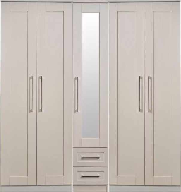2 U Ripon Ready Assembled Tall 5 Door 2 Drawer Wardrobe with Mirror in Taupe – 1