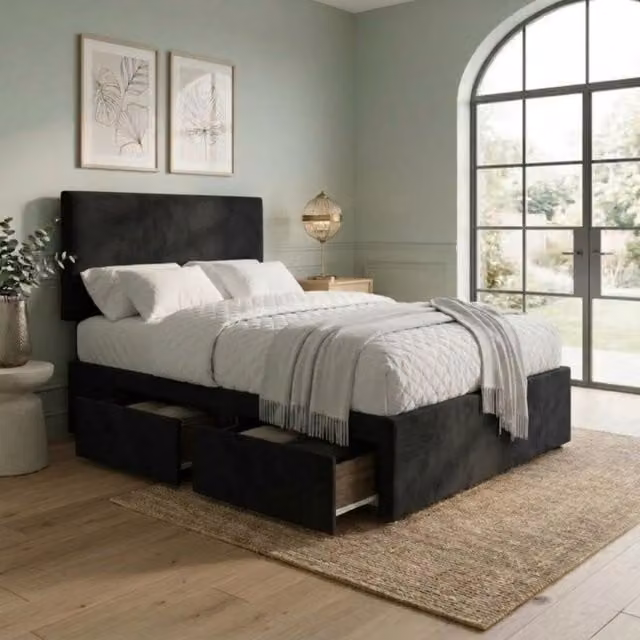 Bed Time UK Plush Divan Bed with 2 Drawers, 20" Plain Headboard and Hybrid Memory Mattress in Black, W/D/H: 90 x 190 cm
