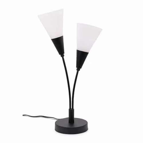 ValueLights Black 2 Arm Table Lamp with White Frosted Glass Shades and Included Bulb – 1