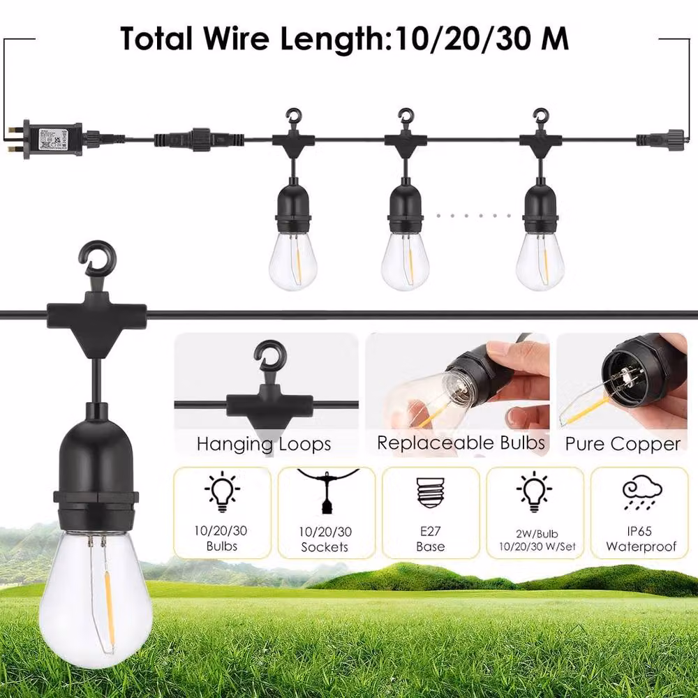 SPETLEK Black Mains Powered LED Festoon String Lights with 22 Warm White Shatterproof Bulbs (66+3ft and 20+2ft) – 2