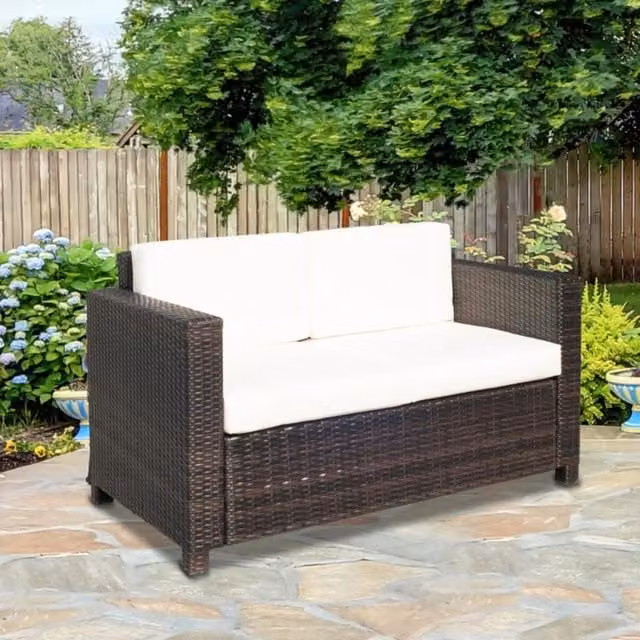 Chilli Seating Two Seater Rattan Sofa with Soft Padded Cushions in Brown