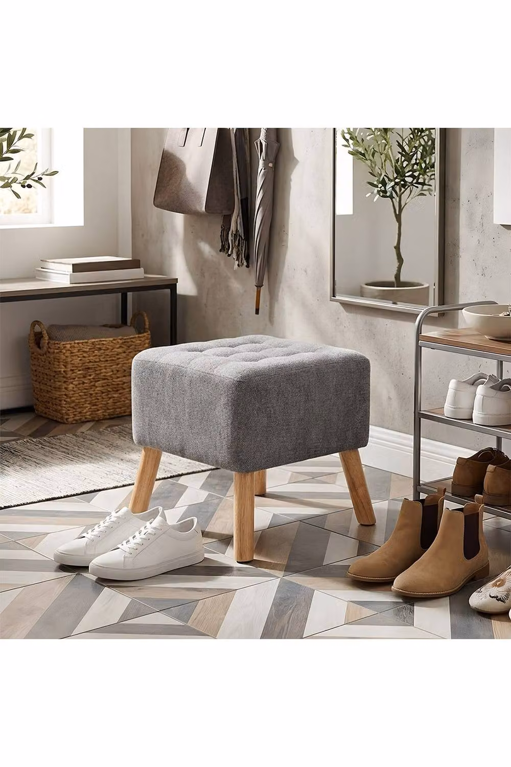 Living and Home Grey Chenille Upholstered Cube Footstool – 2