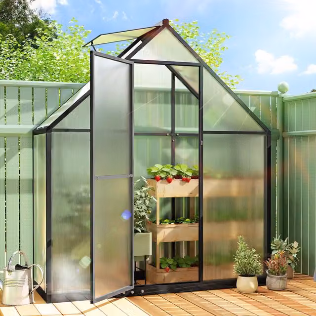 Outsunny Black Polycarbonate and Aluminium Gable Greenhouse with Hinged Swing Door