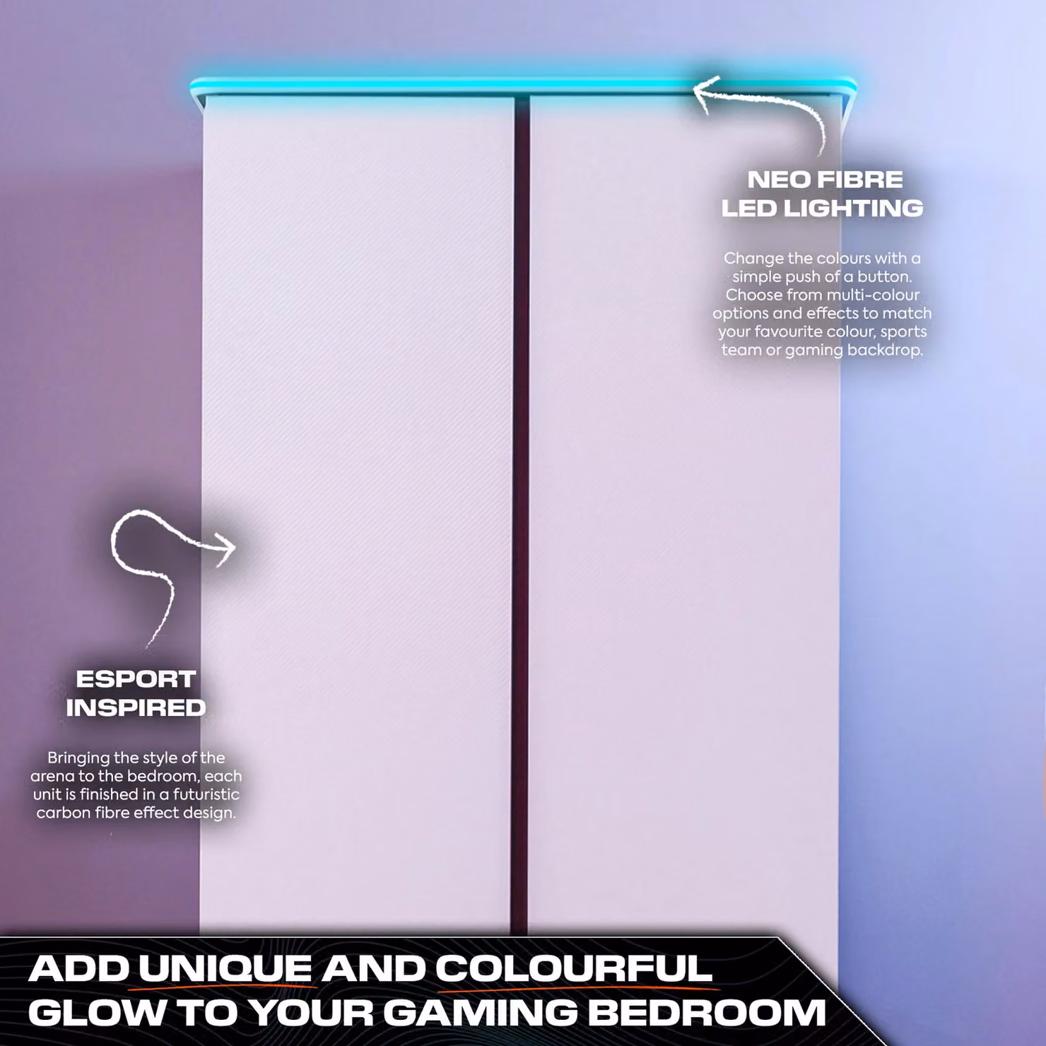 X Rocker Carbon-Tek 2 Door Wardrobe with Drawer and Integrated LED Lighting in White – 3