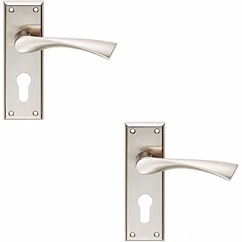 Loops Angular Lever on Euro Lock Backplate Door Handle Set, Brushed Satin Nickel, W: 150 mm x H: 50 mm