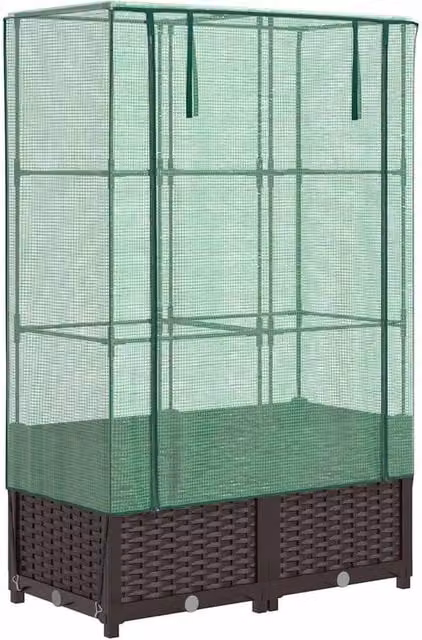 Berkfield Home Raised Bed with Greenhouse Cover in Brown Rattan Look, W/D/H: 80 x 40 x 138 cm – 1