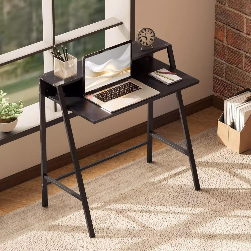 Rolipo Black Writing Desk with Storage Shelf W: 84 cm, D: 45 cm – 4