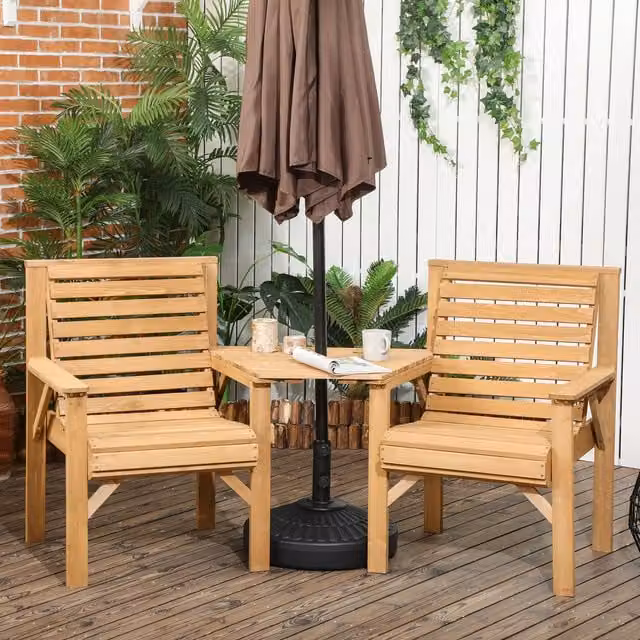 Outsunny Wooden 2 Seater Garden Love Seat with Companion Table and Umbrella Hole, Brown