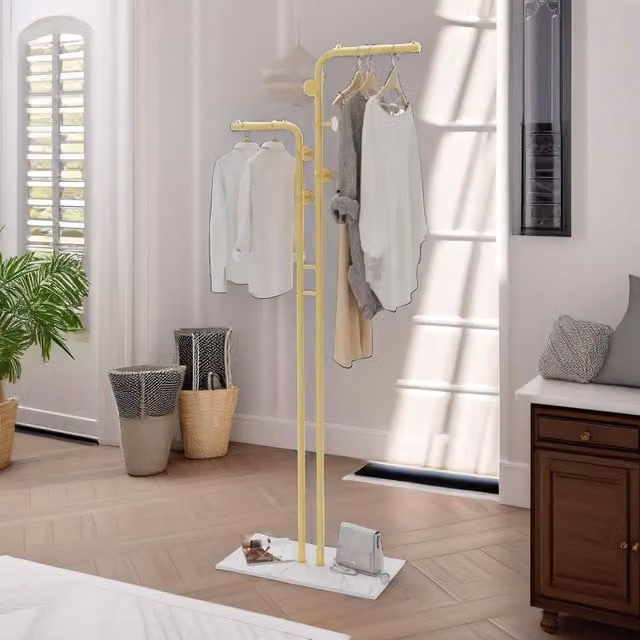 FURNOS Metal Double Coat Stand with 5 Hooks and Hanging Rail in Gold, H 175.75 x W 60 x D 30 cm