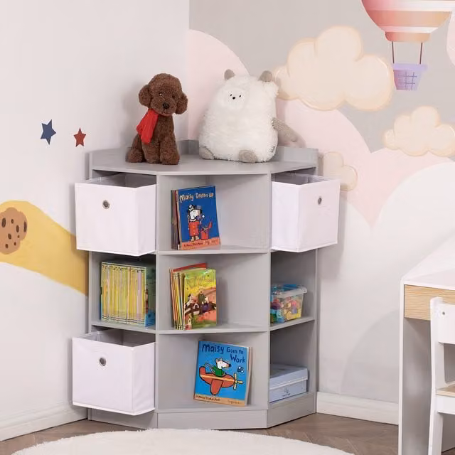 HOMCOM Kids Corner Storage Cabinet and Organiser with Drawer in Grey – 1