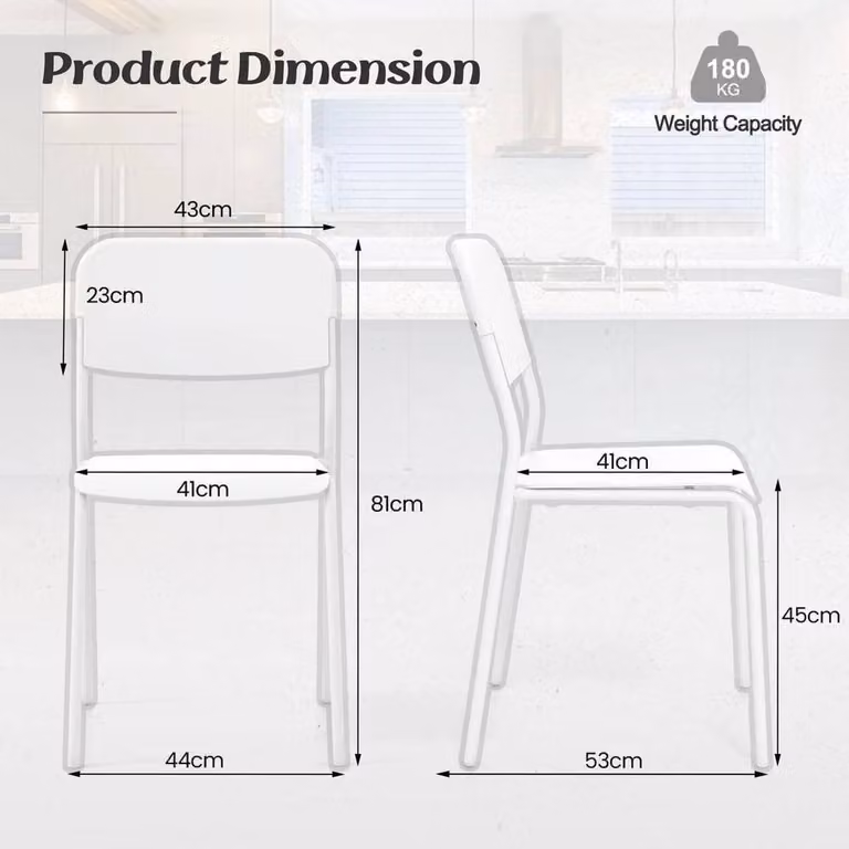 Kelvenix Set of 4 Stackable White Plastic and Metal Kitchen Chairs