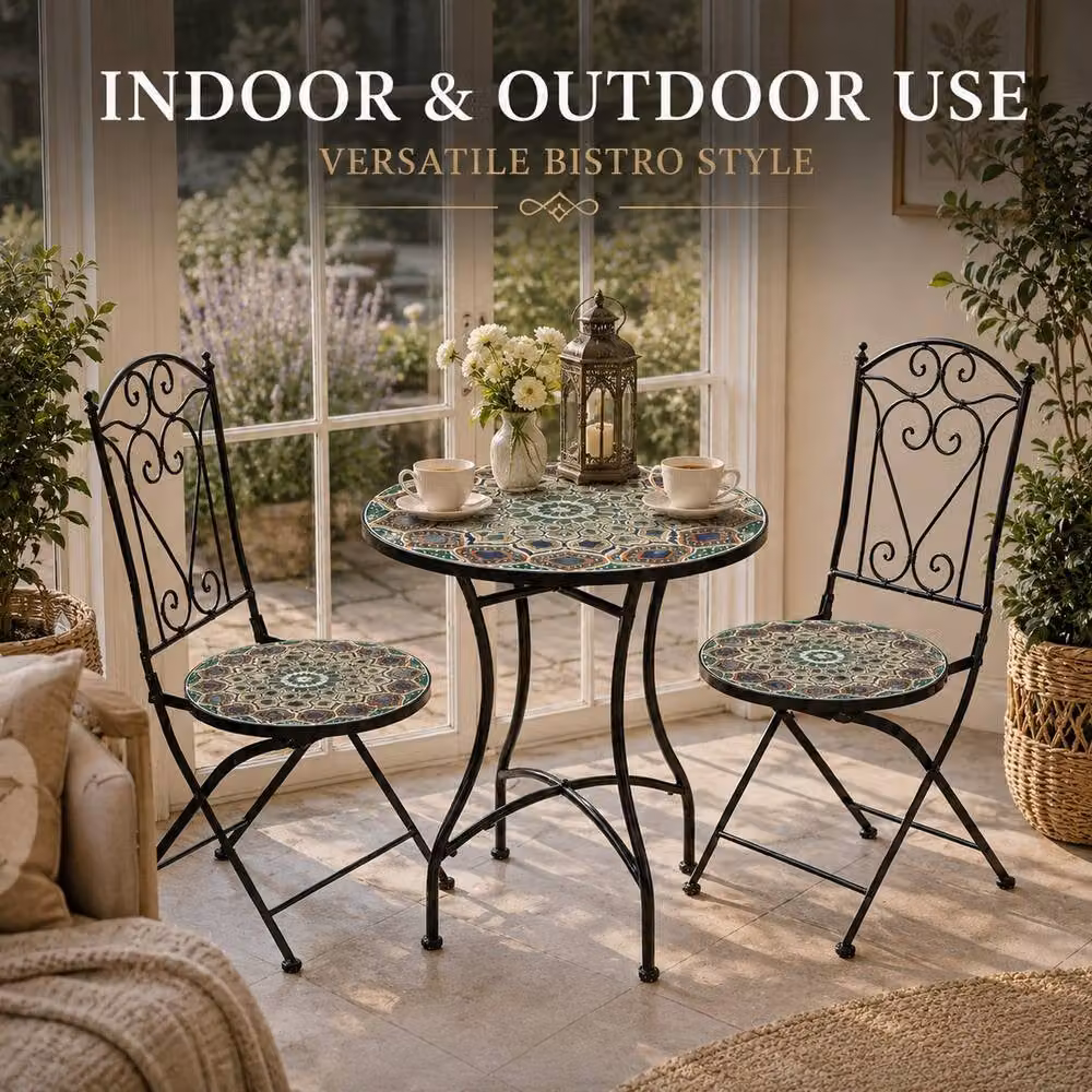 Shatchi Mosaic Bistro Set with Round Multicolour Ceramic Table and Two Folding Chairs – 6