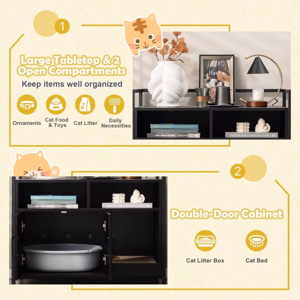 Costway Large Wooden Cat Litter Box Enclosure and Hidden Cabinet in Black and Gold – 6