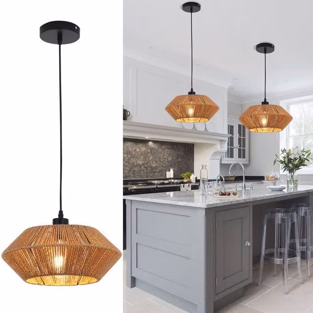 NIVOR 1 Boho Woven Rattan Pendant Light, Brown, Adjustable Height, E27 Chandelier – 1