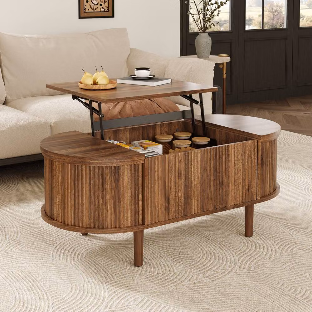BTM Vintage Oval Coffee Table with Adjustable Height and Solid Wood Legs in Walnut Brown – 4