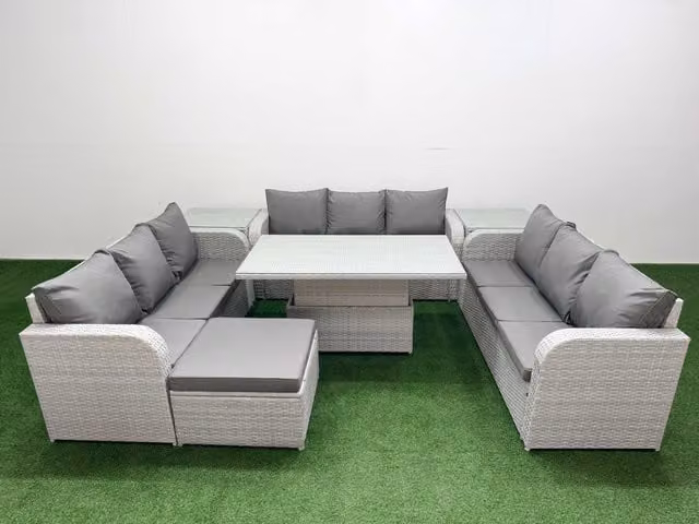 Fimous 10 Seater PE Rattan Outdoor Garden Furniture Set in Grey with Adjustable Lifting Dining or Coffee Table, 3 Seater Sofa and Footstool