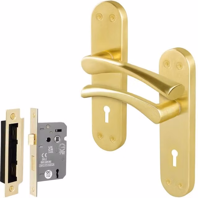 AFIT Satin Brass Twist Door Handle and Sashlock Escutcheon Set in Gold, 1 Pair, W/D/H: 15 x 15 x 1.5 cm – 1