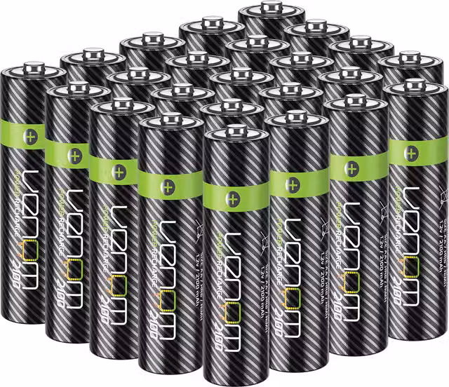 Venom 2100mAh High Capacity Rechargeable AA Batteries, 24 Pack, Black