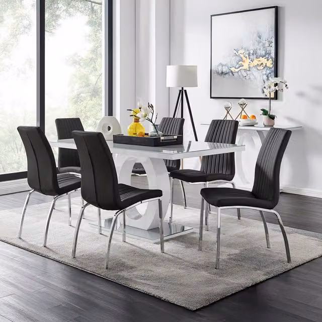 FurnitureboxUK Giovani 6-Seater Grey Glass Rectangular Dining Table and 6 Black Dining Chairs – 1