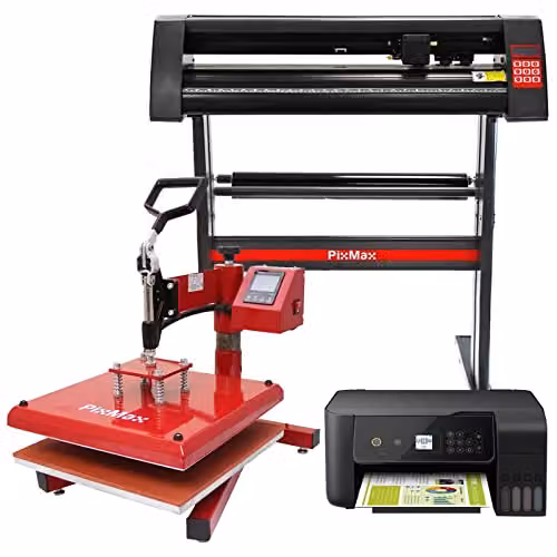 Epson PixMax Heat Press Swing 38 x 38cm, Vinyl Cutter and Dye Sublimation Printer Bundle in Red and Multicolour – 1