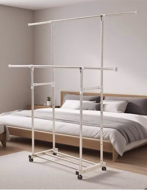 Living and Home Adjustable Stainless Steel 2-Rod Clothes Drying Rack with Wheels in Silver