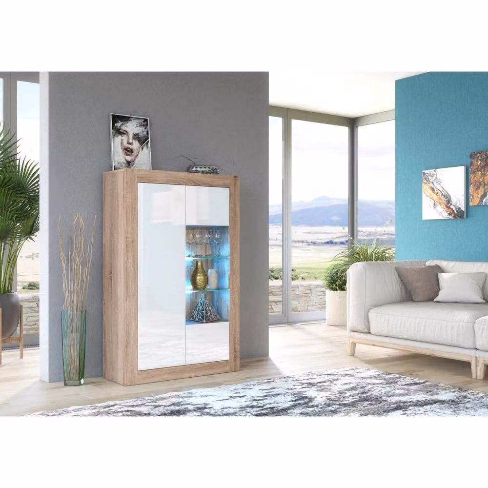 Mex Furniture LTD Arcadia Display Cabinet in Oak and White Gloss with LED Lighting, W/D/H: 140 x 35 x 93 cm – 2