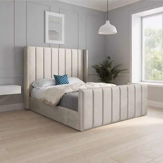 Casani Shildon Upholstered Velvet Designer Bed Frame in Beige, Super King Size (200 x 200 cm) – 1