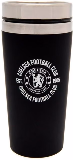 Chelsea FC Stainless Steel Double Walled Executive Travel Mug with Lid in Black and Silver, 450 ml