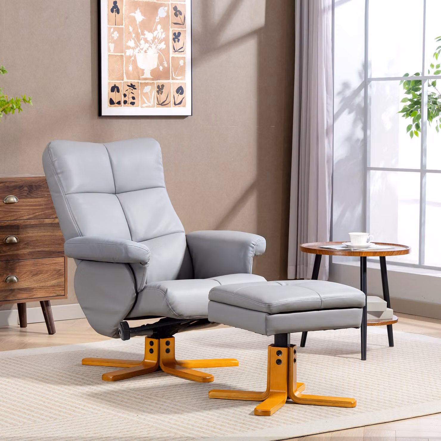 HOMCOM PU Leather Swivel Recliner Chair with Footstool and Storage, Light Grey – 2