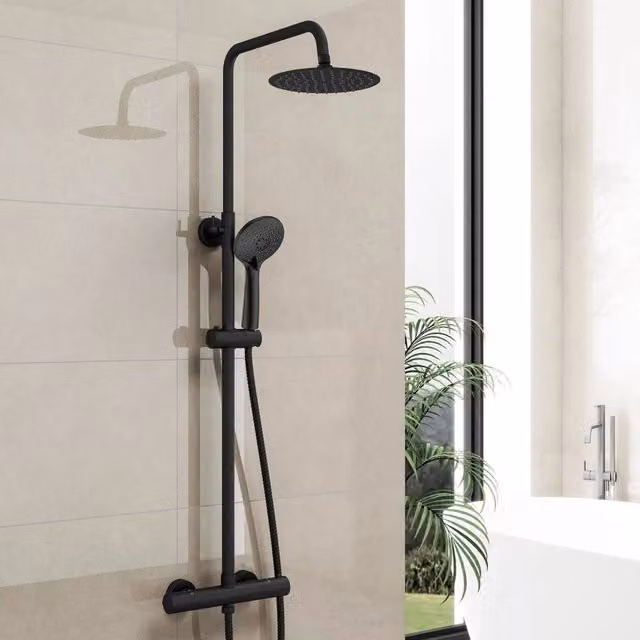Hinsinc Matte Black Round Bar Twin Head Thermostatic Shower Set, Width: 180 cm, Height: 180 cm – 1