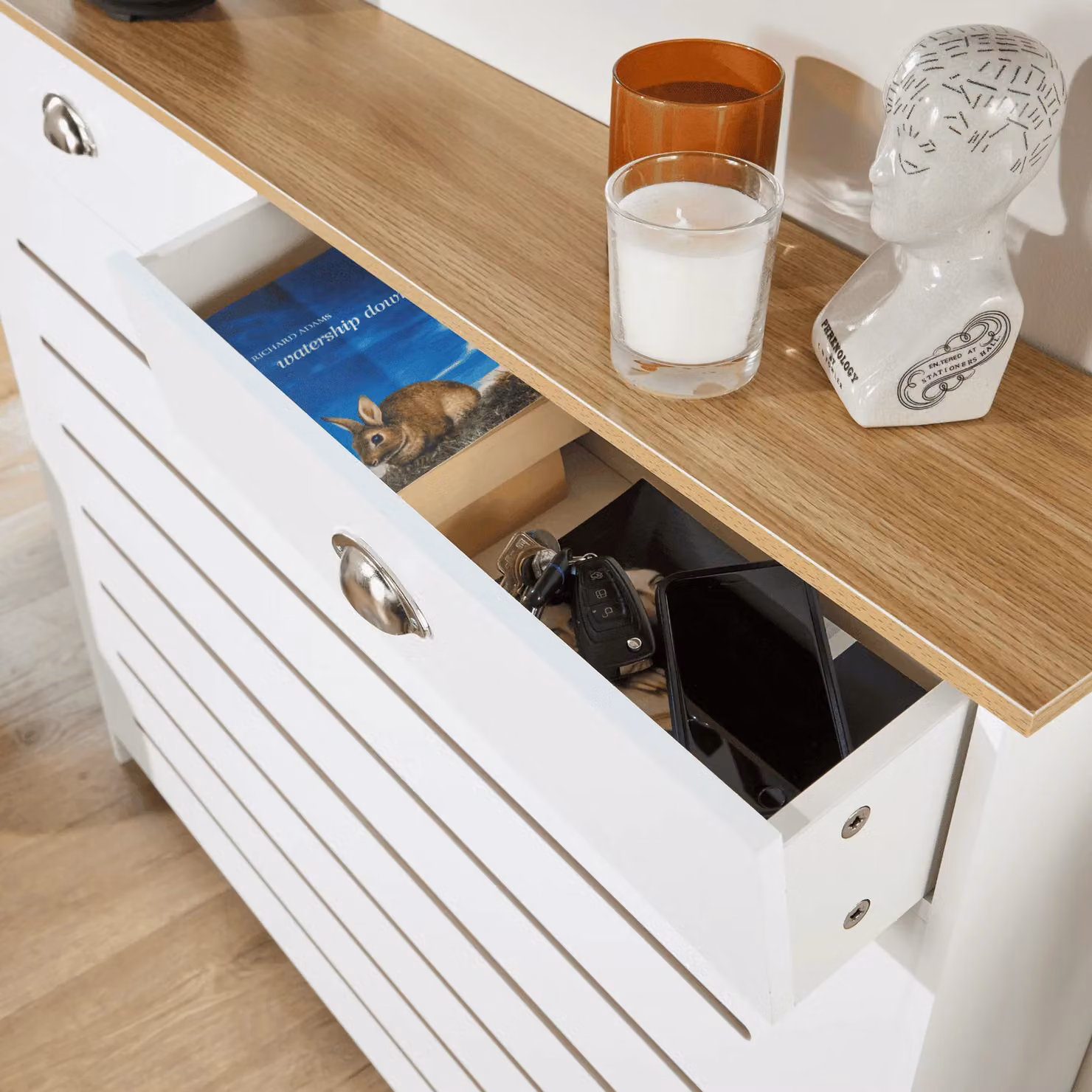 Home Source Batley Modern Radiator Cover Cabinet with Two Drawers in White MDF, W/D/H: 111.5 x 19.0 x 96.0 cm – 3