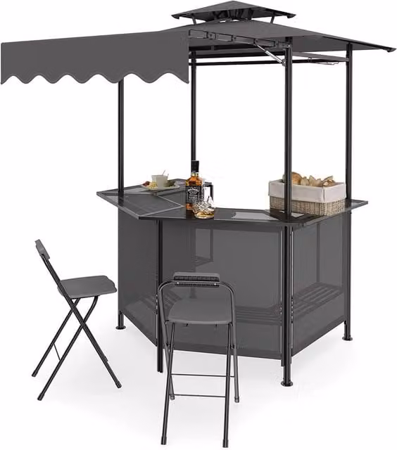 Gymax Outdoor Bar Set Including Grill Gazebo, Bar Table and 2 Folding Bar Stools in Grey