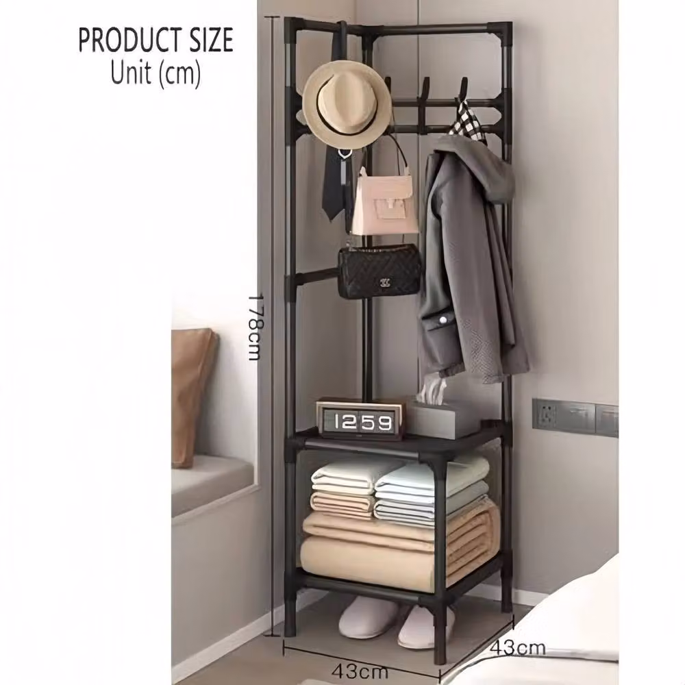 Ventryn Metal Corner Coat Stand and Clothes Hanging Rail with 2 Shelves in Matt Black – 2