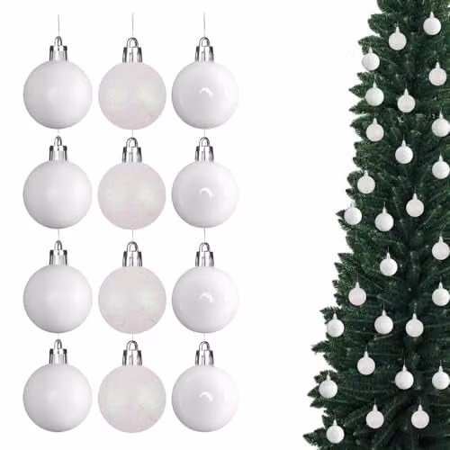 Shatchi 12-Piece White and Silver Polka Dot Christmas Bauble Hanging Decorations, 3 cm Round Plastic Ornaments