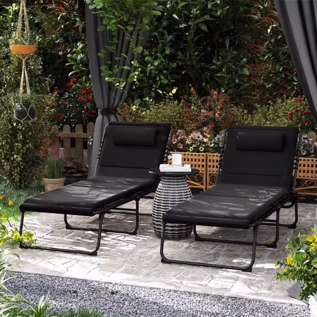 Outsunny Set of 2 Folding Sun Loungers in Black with Adjustable Headrests and Powder Coated Steel Frame