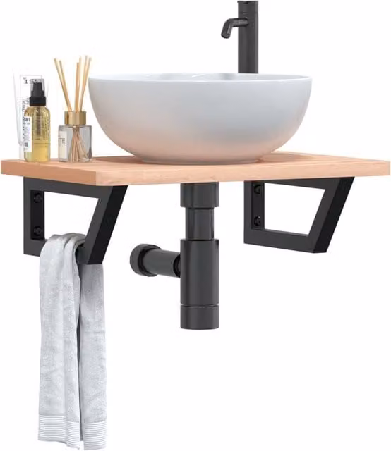 Berkfield Home Wall Mounted Basin Shelf in Brown Steel and Solid Beech Wood – 1