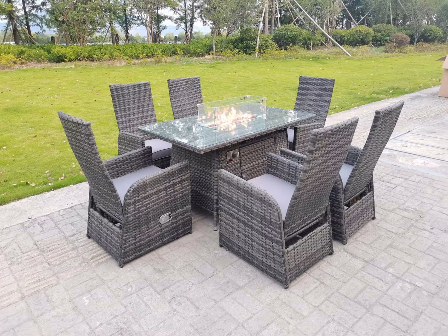 Fimous 6 Seater Rattan Outdoor Garden Furniture Set with Gas Fire Pit Dining Table and Chairs in Dark Grey – 2