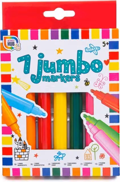 Grafix Jumbo Coloured Marker Pens, Pack of 7 Multicolour Bullet Tip Ink Pens