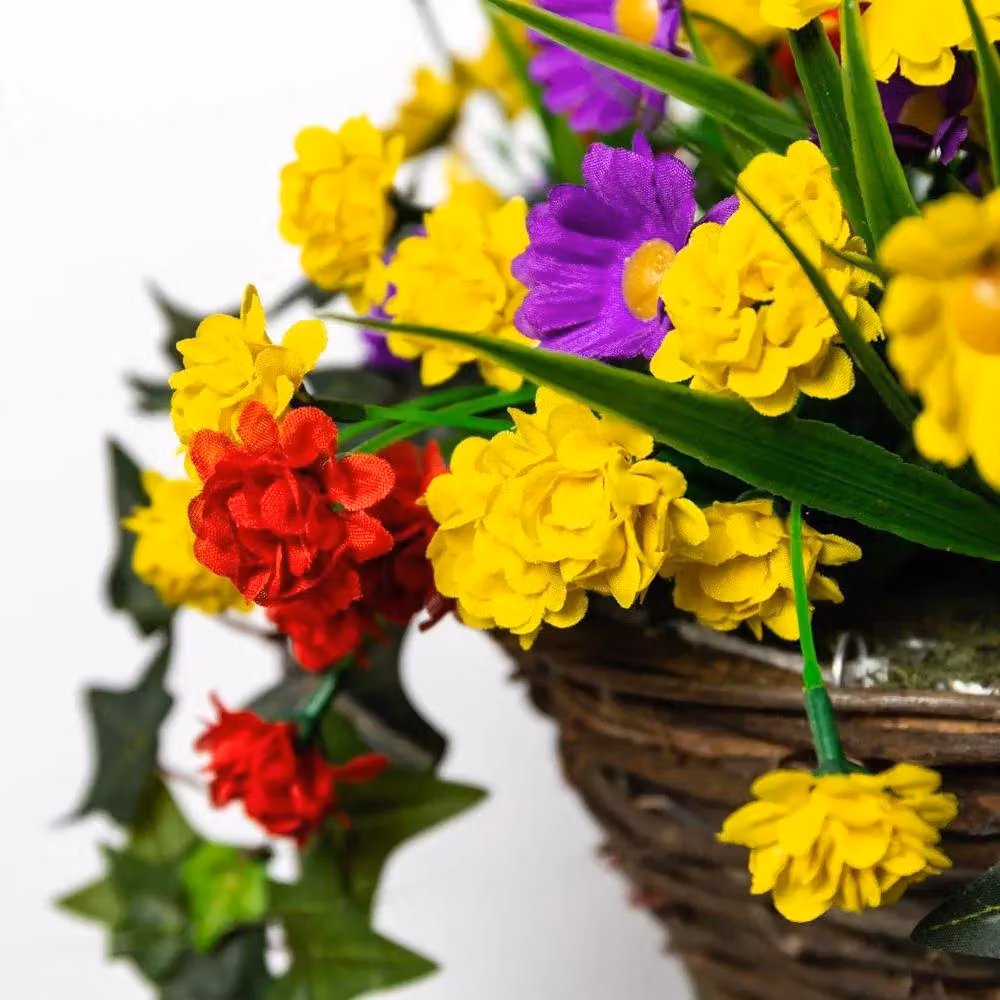 Primrose Pair of Artificial Wildflower Hanging Baskets in Rattan, Multicolour Purple, Yellow and Orange, Diameter: 25 cm – 3