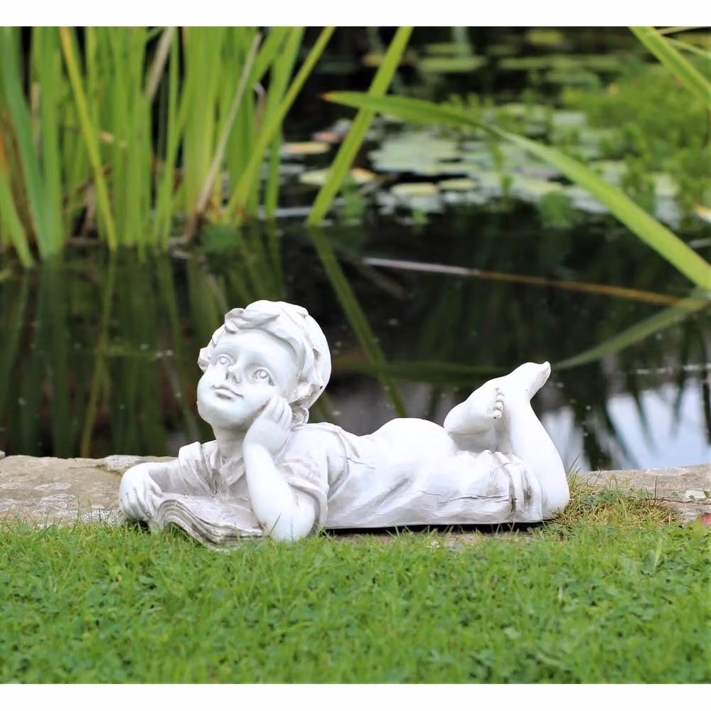 NESTLUNE Lying Boy Garden Ornament Statue in White, W/D/H: 100 x 15 x 15 cm – 3